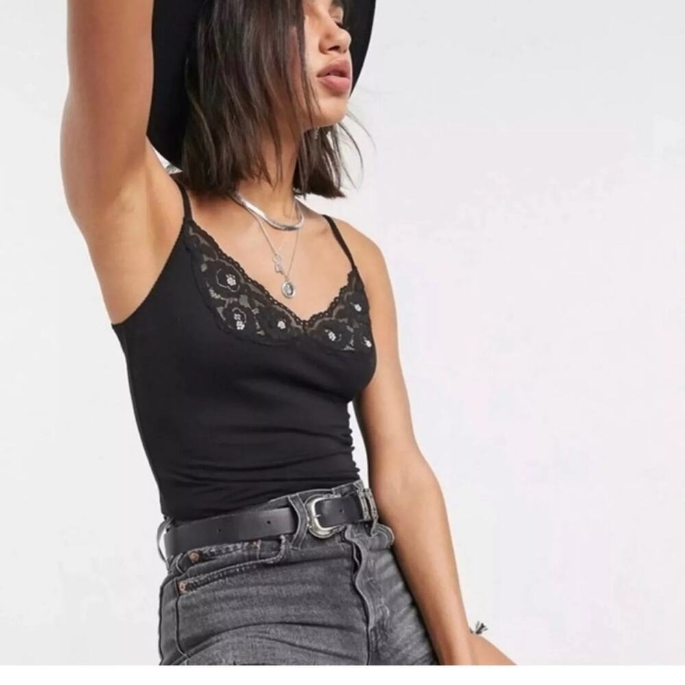 Free People Side of Sass Black Lace Trim Boho Layering Bodysuit size XS